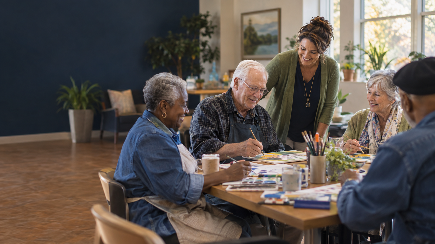 Older adults creating art together at a community table.