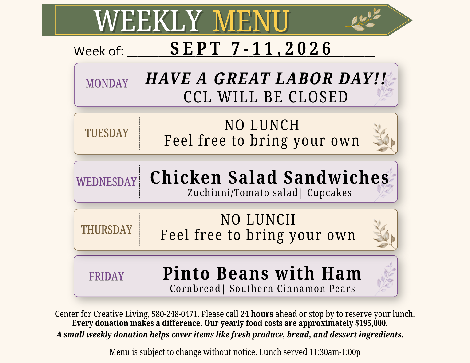 Weekly lunch menu published by Center for Creative Living